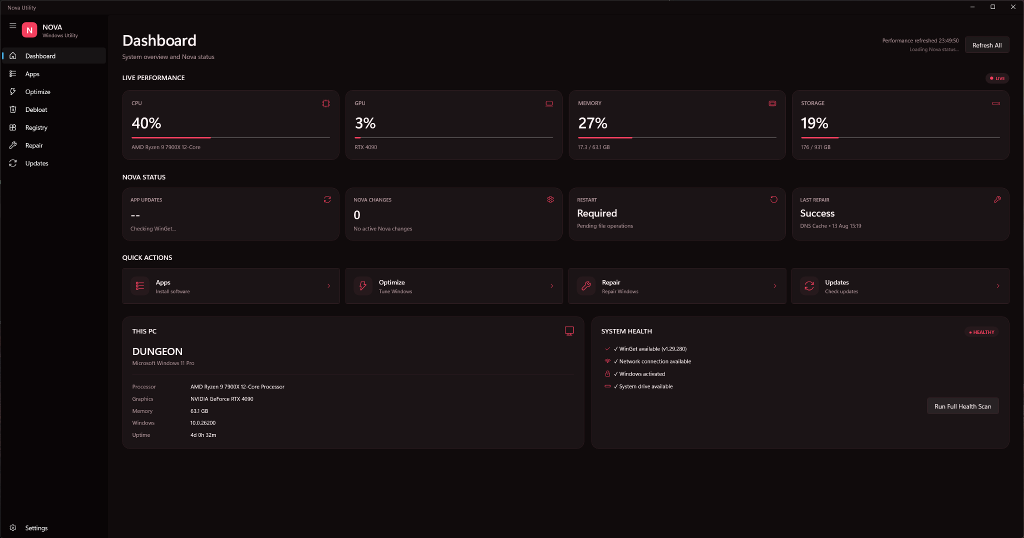 NovaUtility Dashboard showing live CPU, GPU, memory and storage information, system status and quick actions